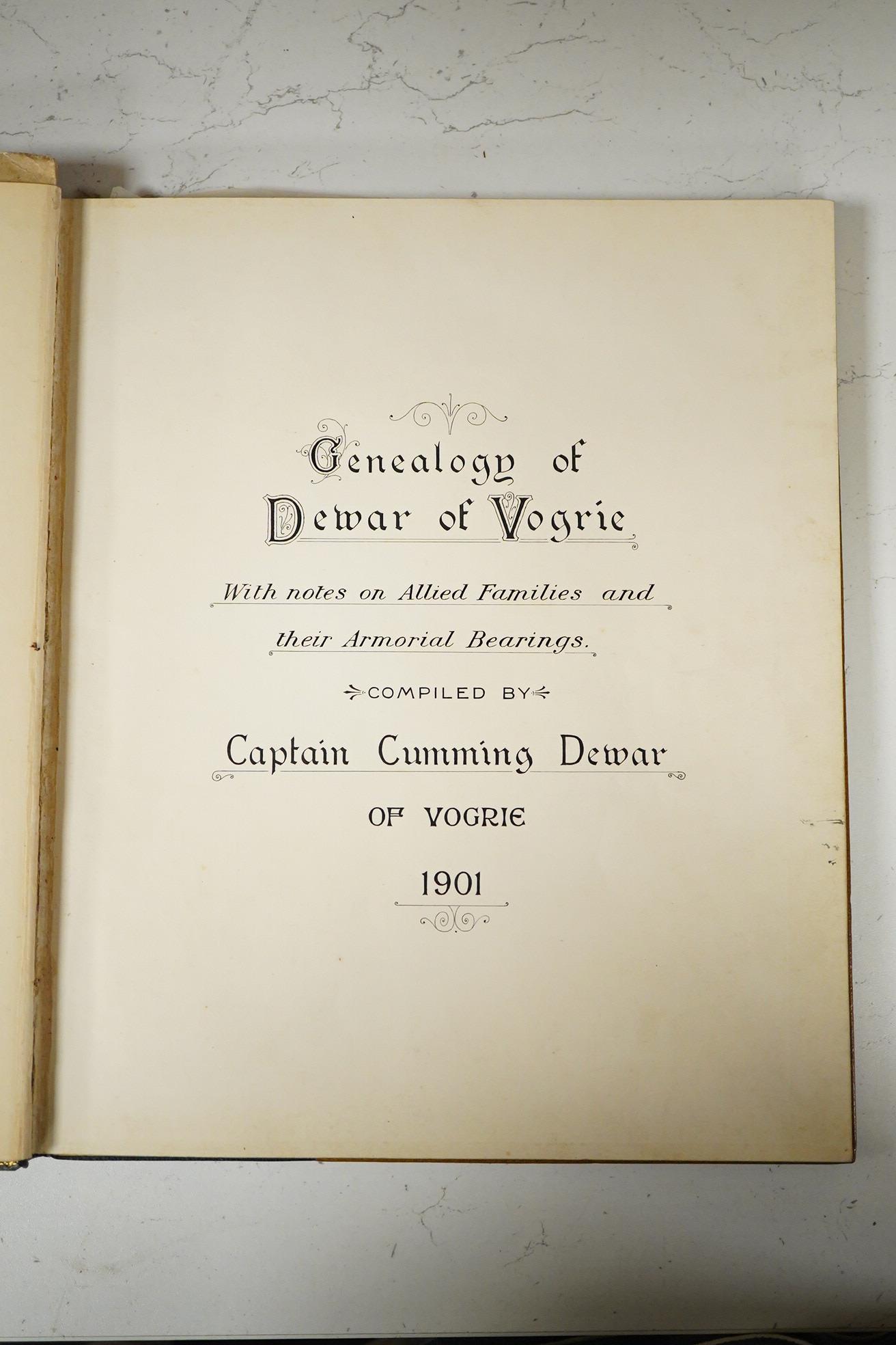 Dewar of Vogrie, Capt. James Cumming - Genealogy of Dewar of Vogrie. With notes on allied families and their armorial bearings. (? sole manuscript copy, unpublished). Contents - large tissue guarded armorial frontis. in